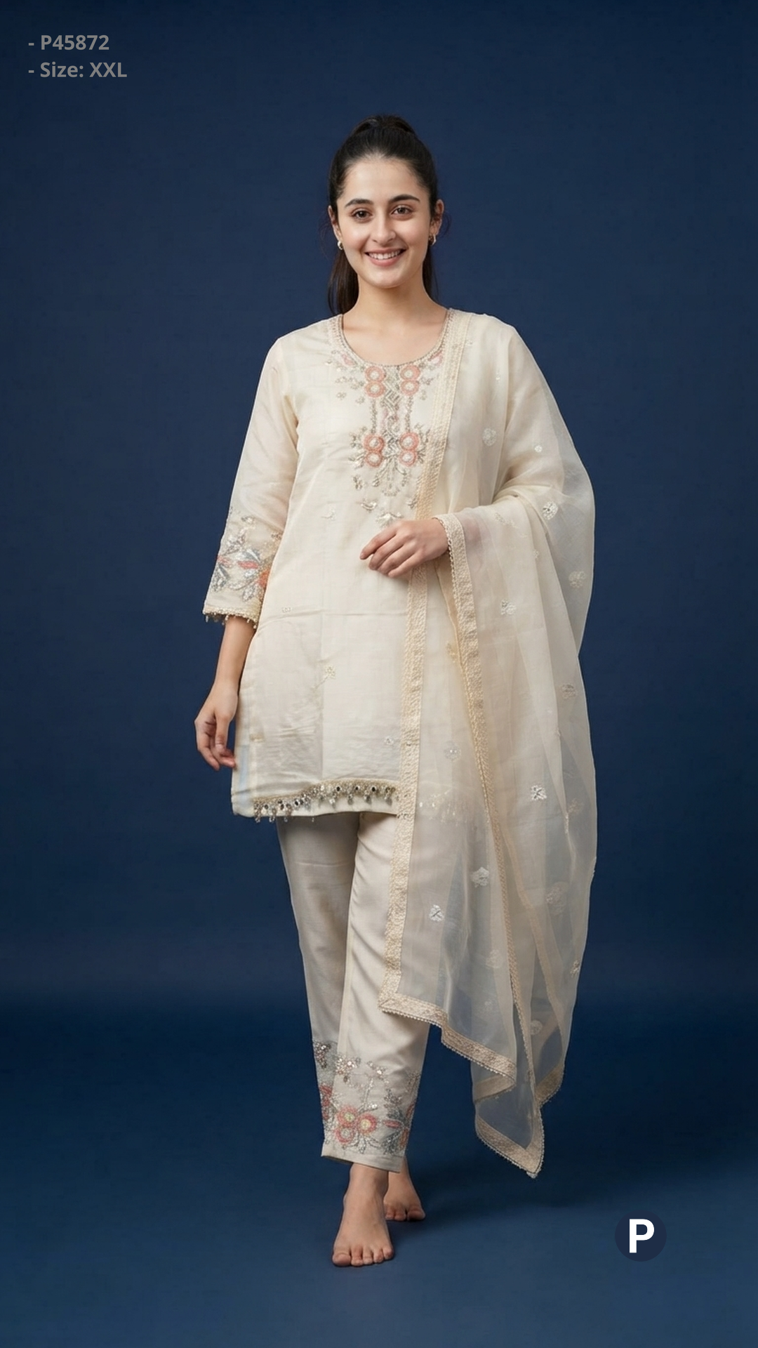 Off White Chanderi Embroidered Short Kurti| P45872