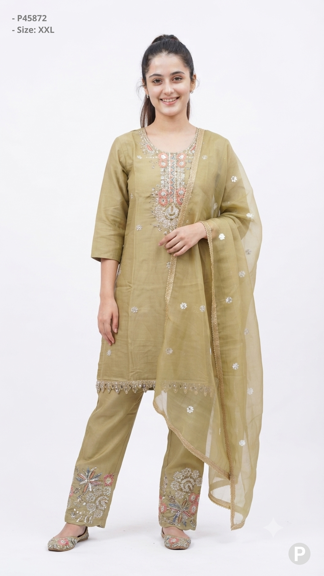 Olive Silk Printed  Embroidered Short Kurti| P45872