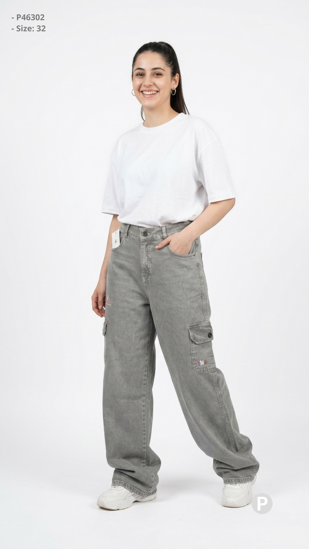 Grey Denim Baggy Cargo Jeans | P46302