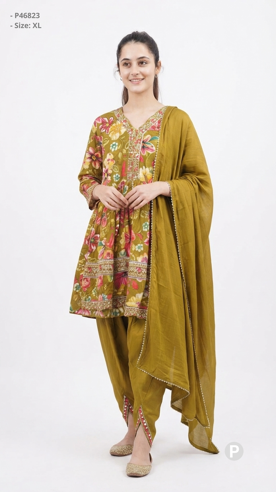 Olive Cotton Printed Short Frock Kurti | P46823
