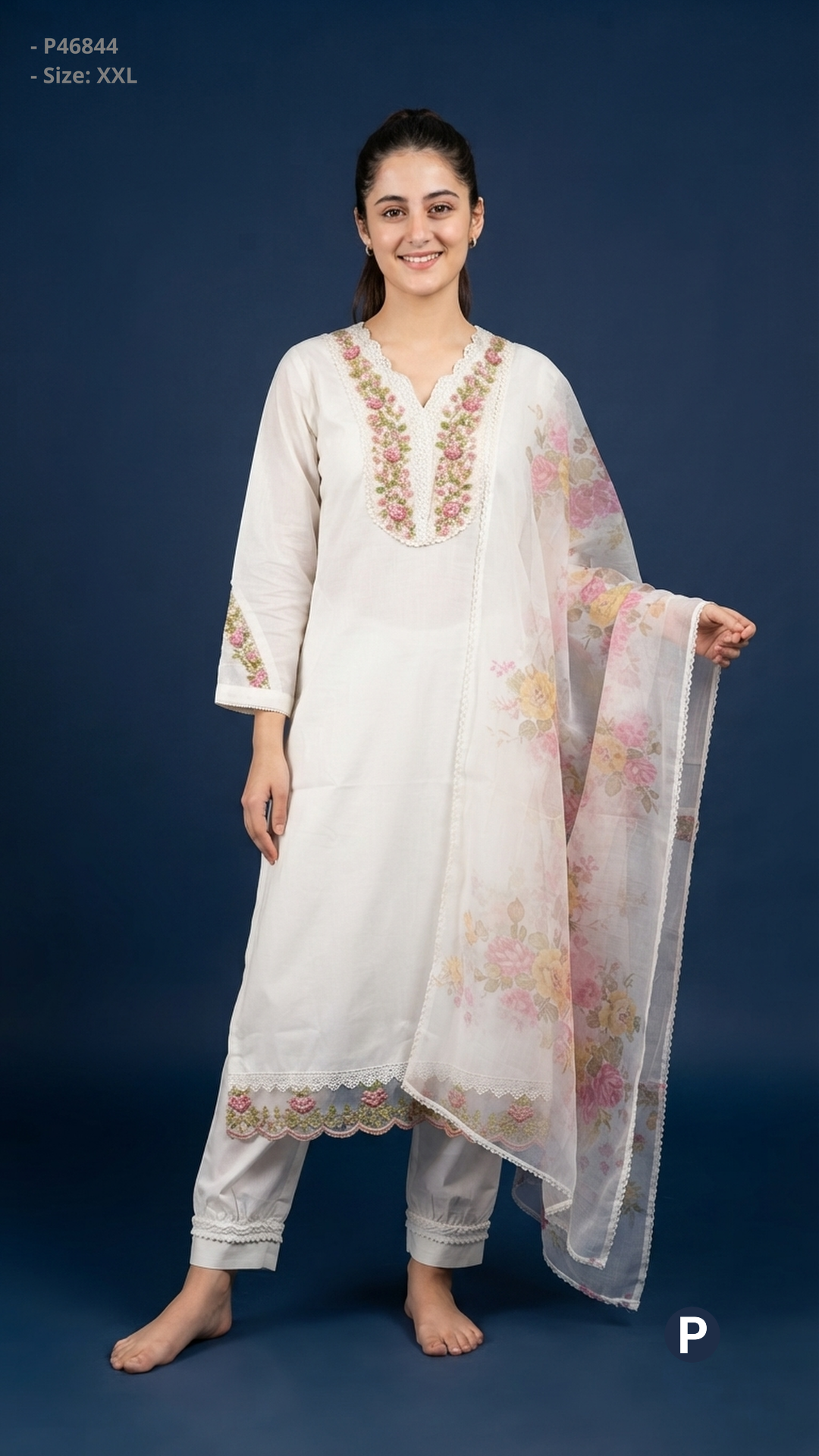 White Cotton Embroidered Kurti Set | P46844