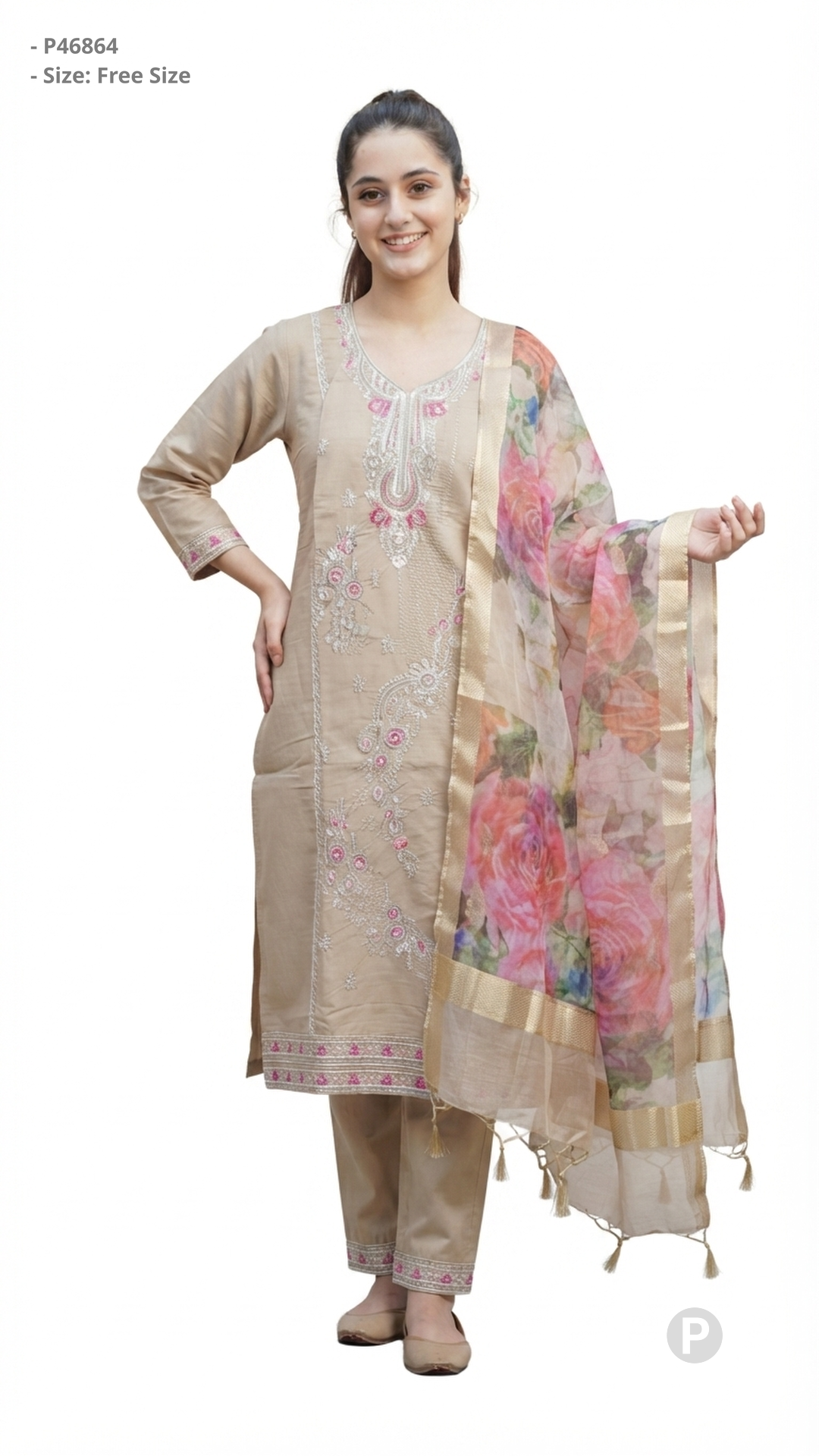 Beige Cotton Embroidered Kurti Set | P46864