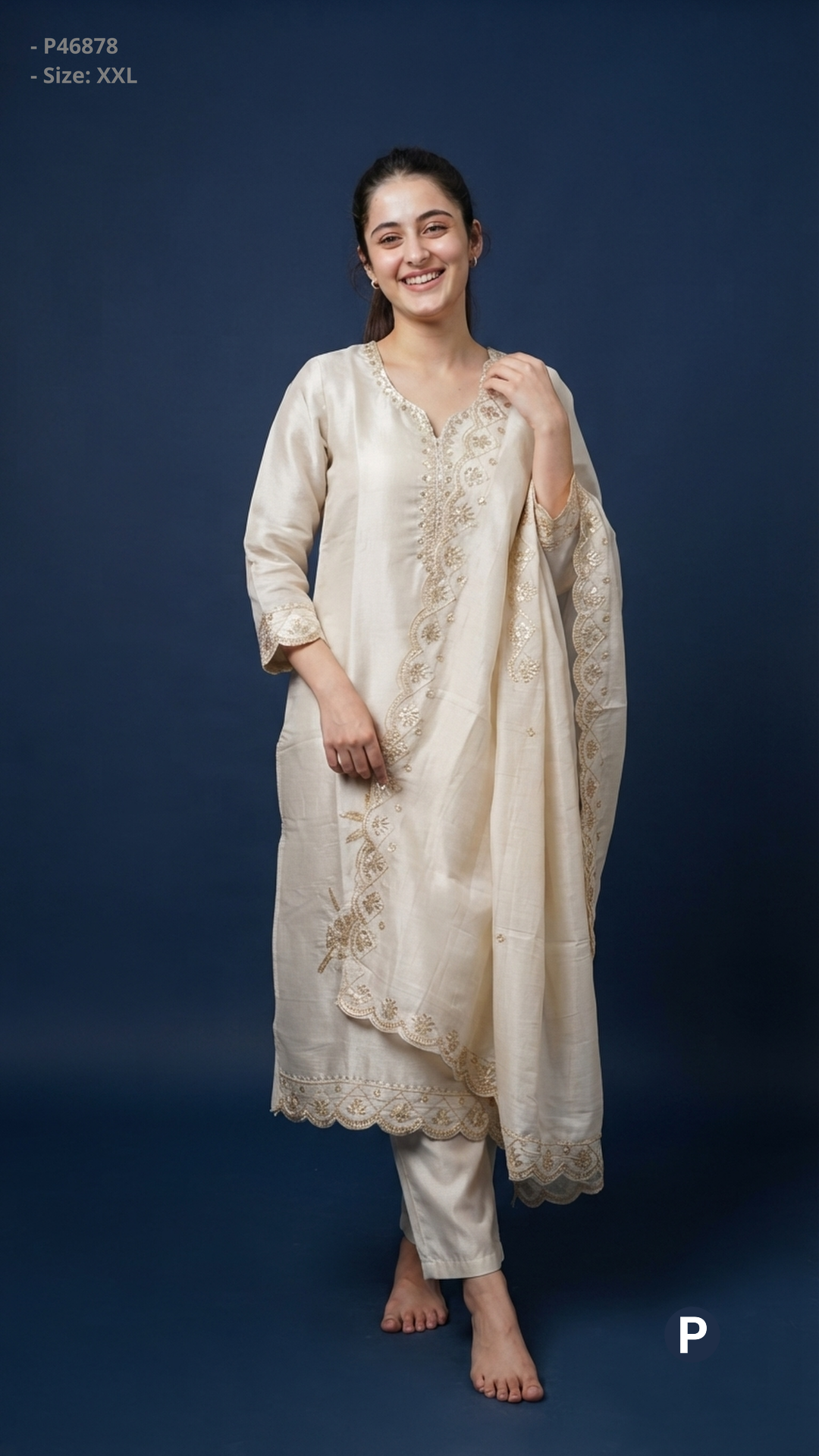 Off White Chanderi Embroidered Kurti Set | P46878