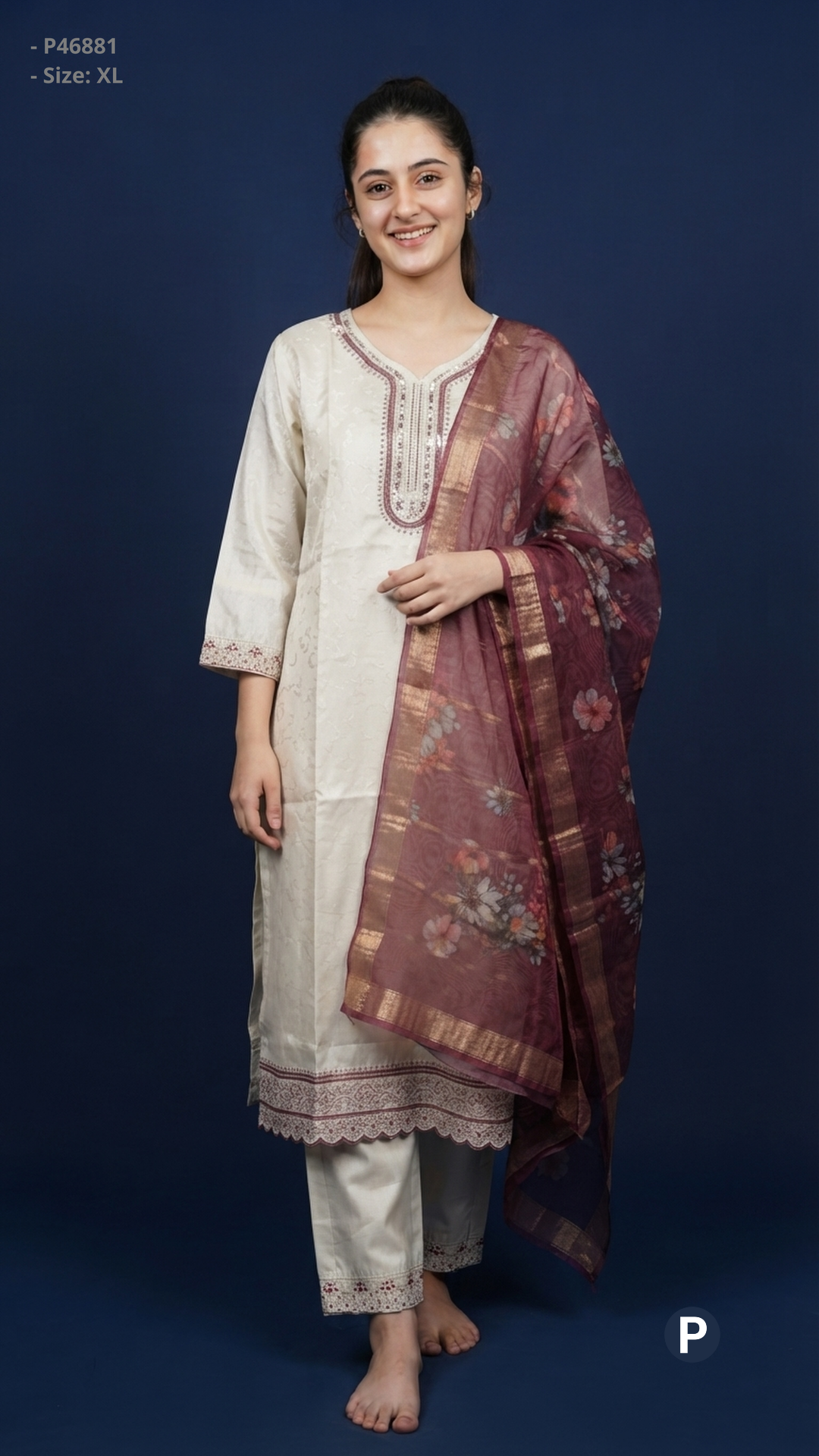 Off White Cotton Printed Kurti Set | P46881