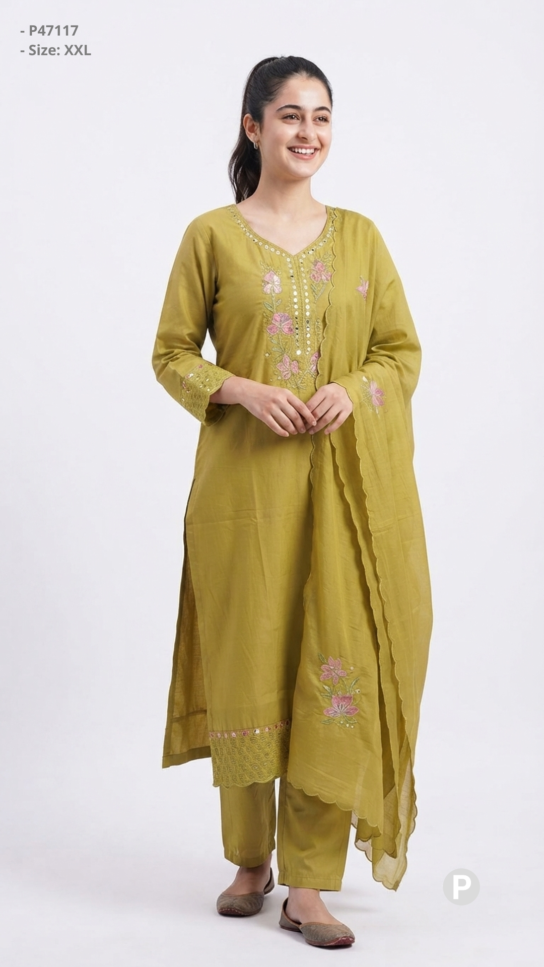 Olive Green Cotton Embroidered Kurti Set | P47117