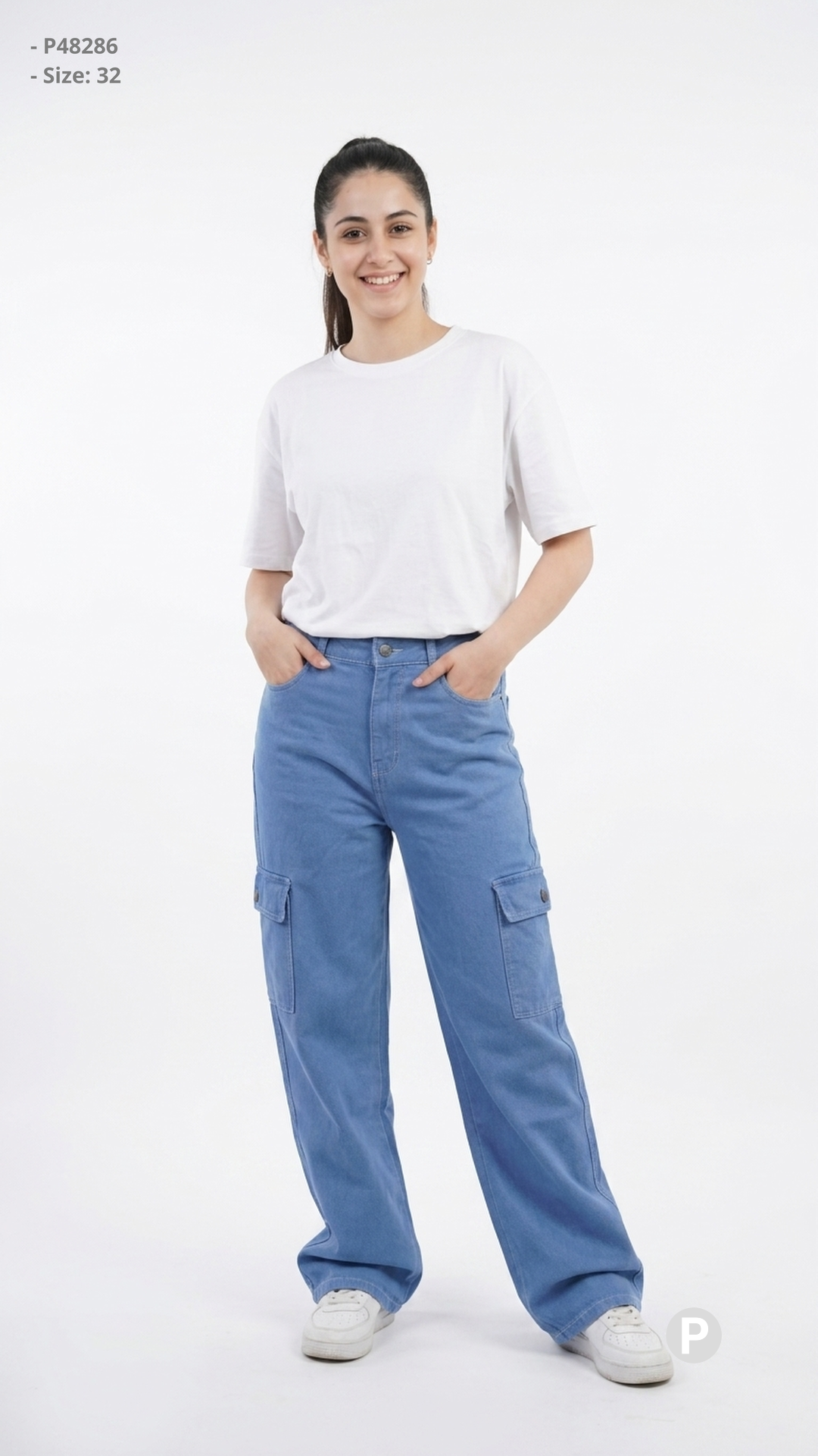 Light Blue Denim Loose Cargo Jeans | P48286