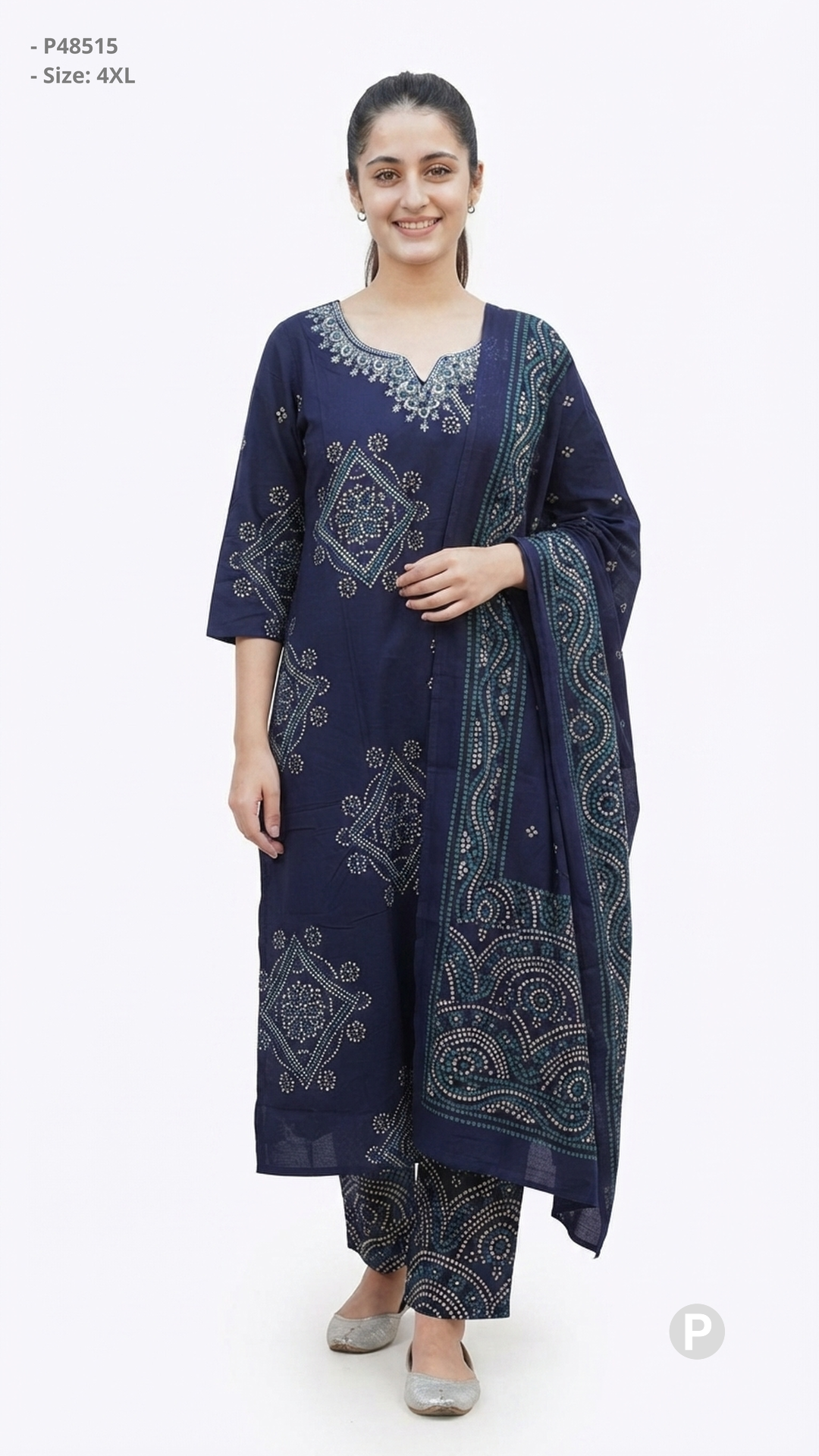 Navy Blue Cotton Printed Kurti Set | P48515