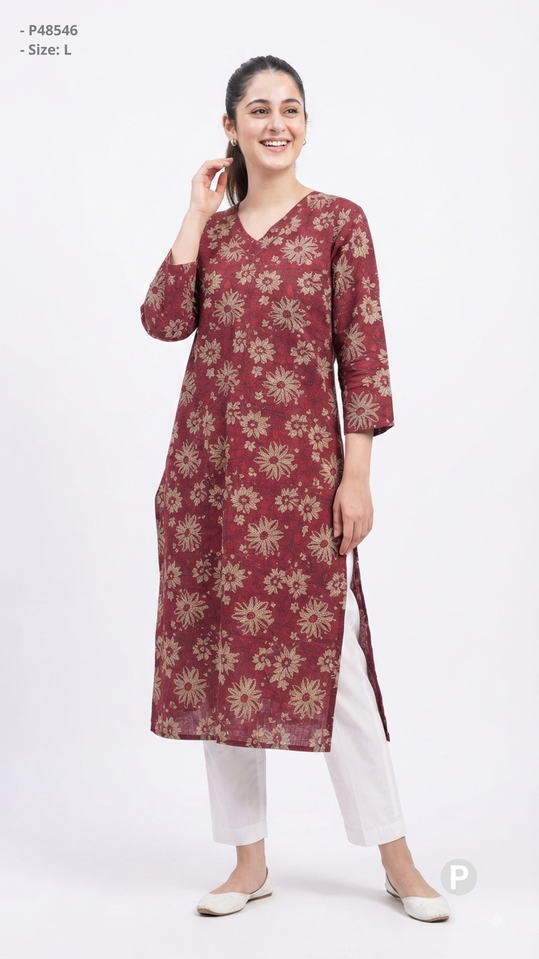 Maroon Cotton Straight Single Kurti | P48546