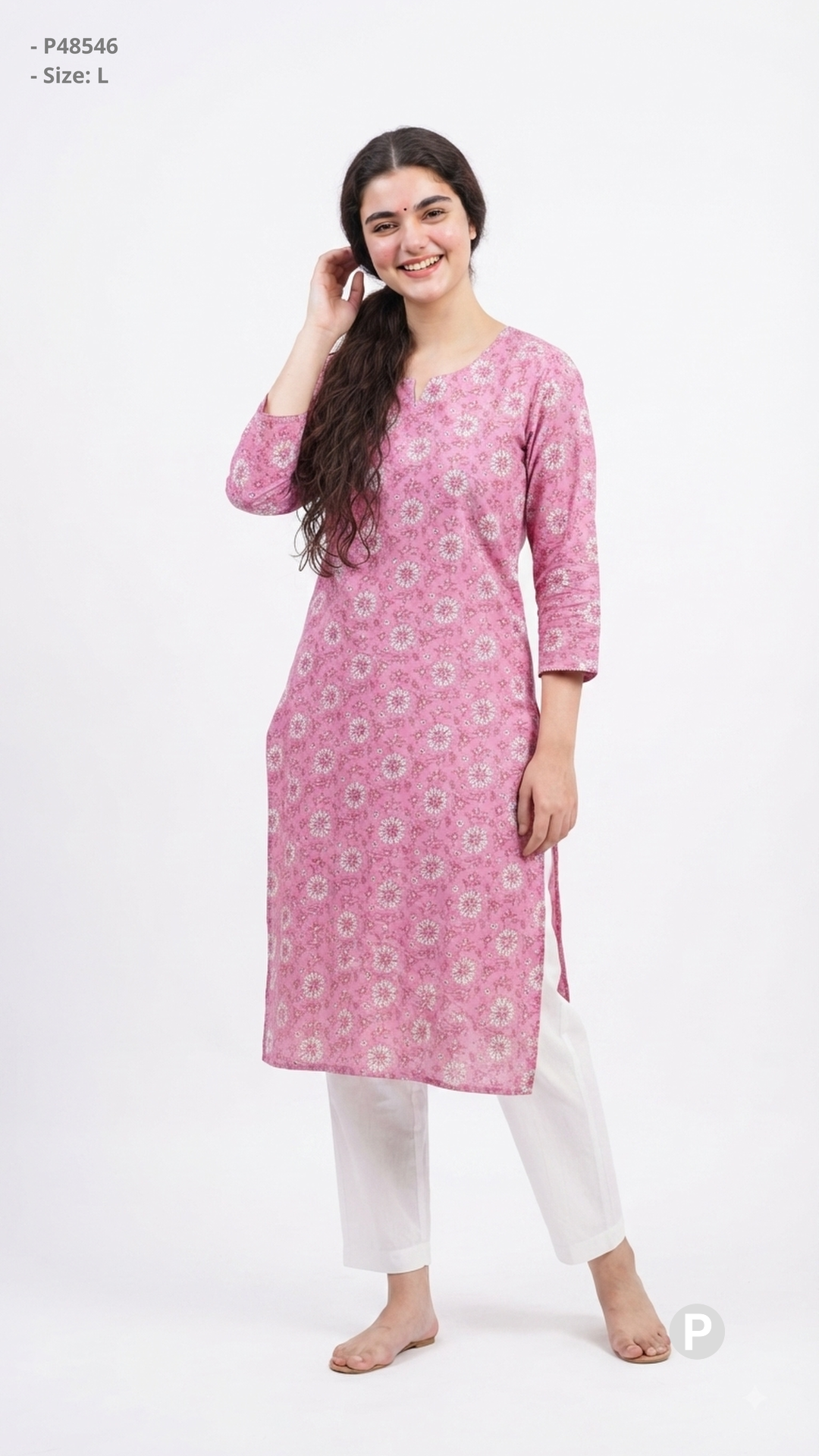 Pink Cotton Straight Single Kurti | P48546