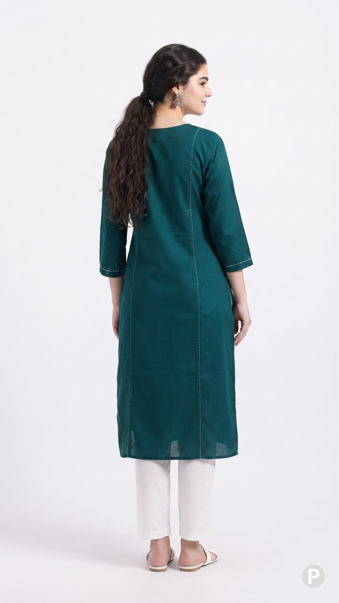 Dark Green Cotton Straight Single Kurti | P48567