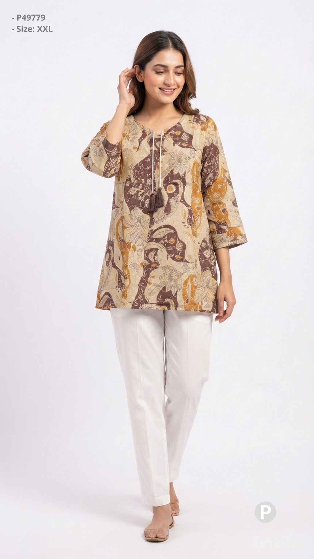 Beige Cotton Printed Short Kurti | P49779