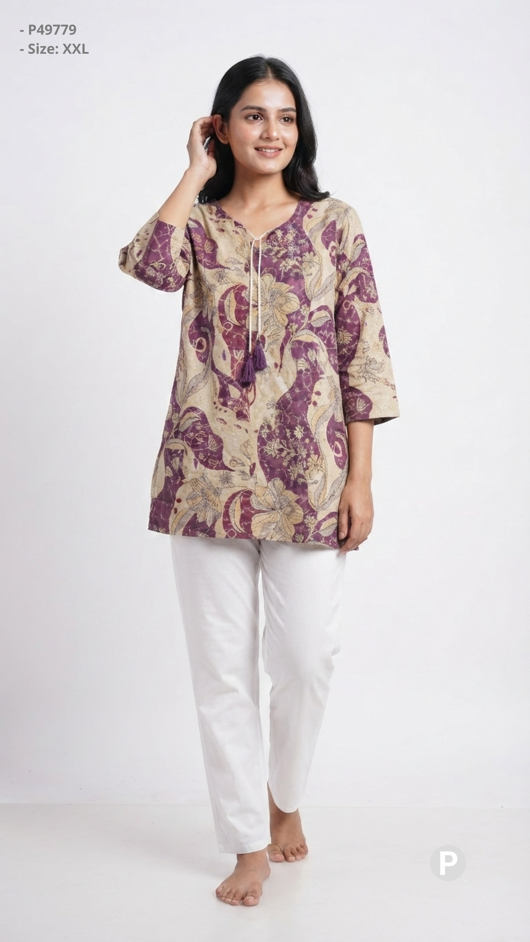 Beige Cotton Printed Short Kurti | P49779