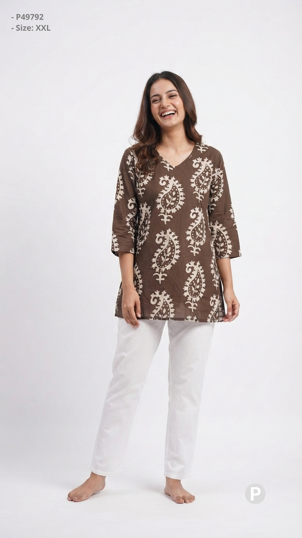 Brown Cotton Printed Short Kurti | P49792