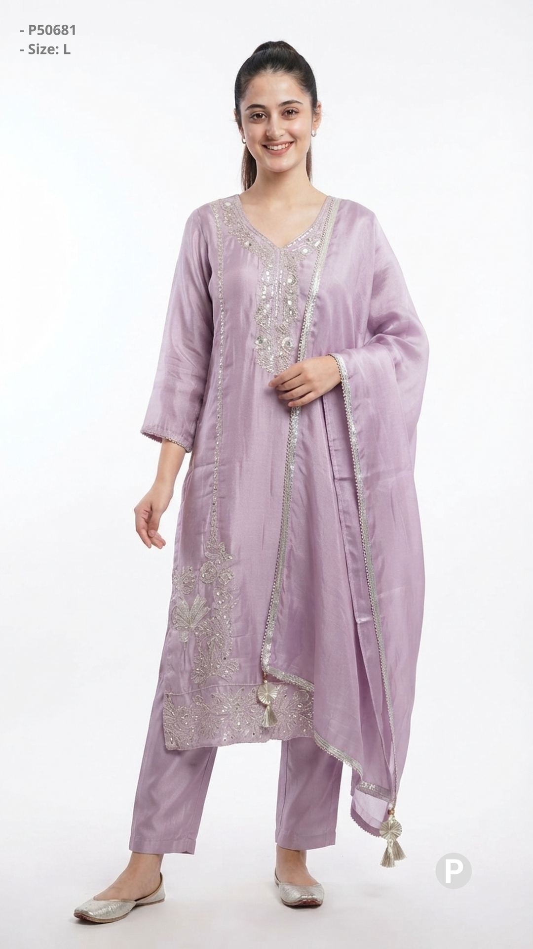 Lavender Chanderi Embroidered Kurti Set | P50681