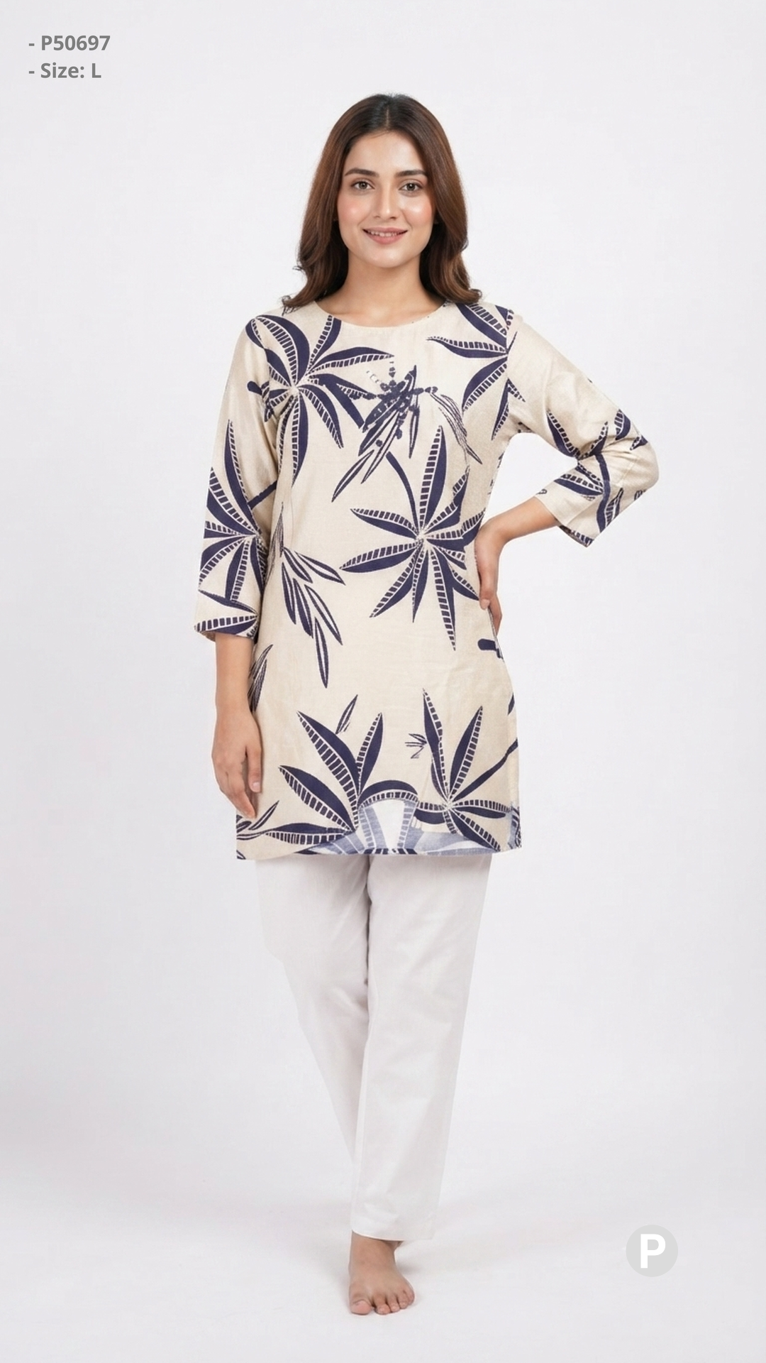 Beige Cotton Printed Short Kurti | P50697