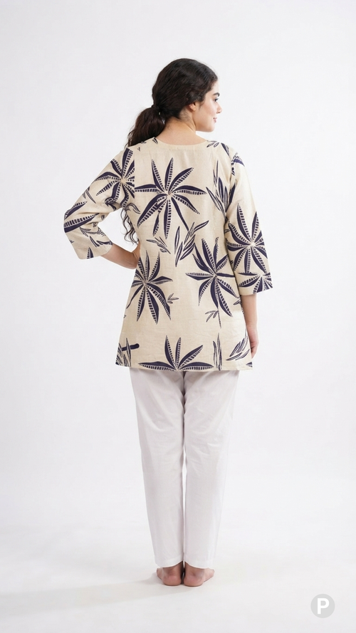 Beige Cotton Printed Short Kurti | P50697