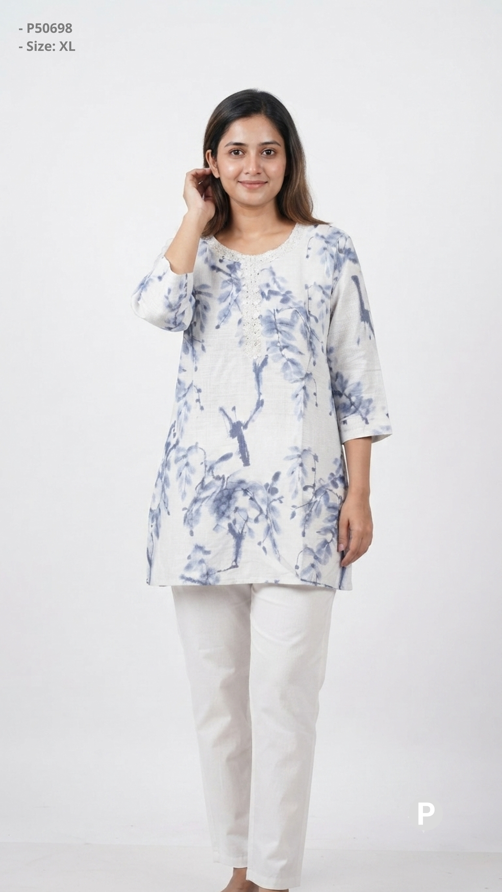 White Cotton Printed Short Kurti | P50698