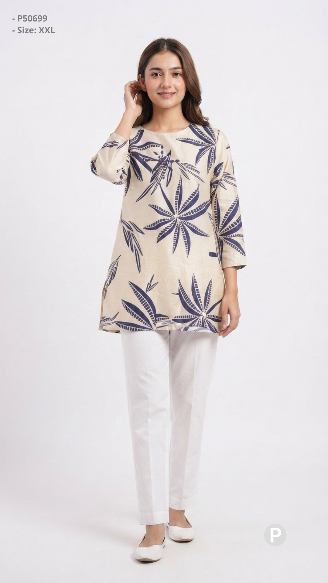 Beige Cotton Printed Short Kurti | P50699