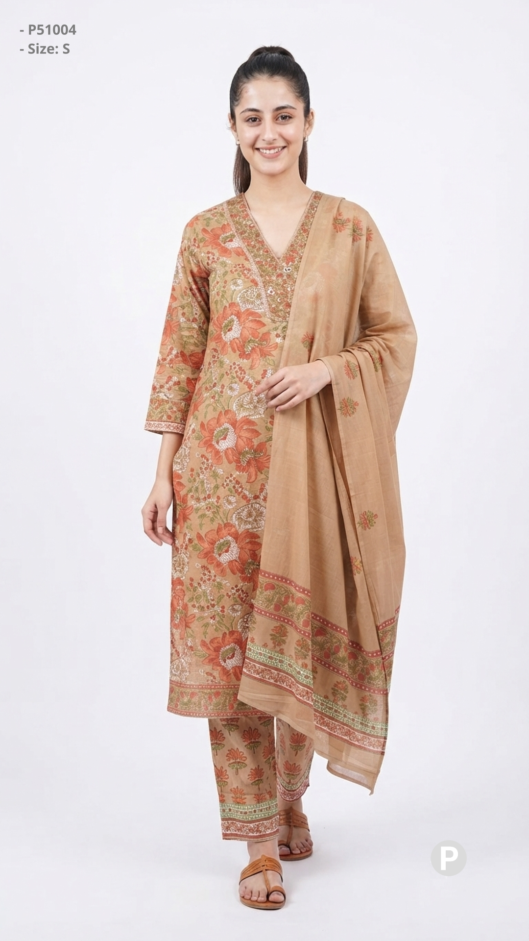 Beige Cotton Printed Kurti Set | P51004