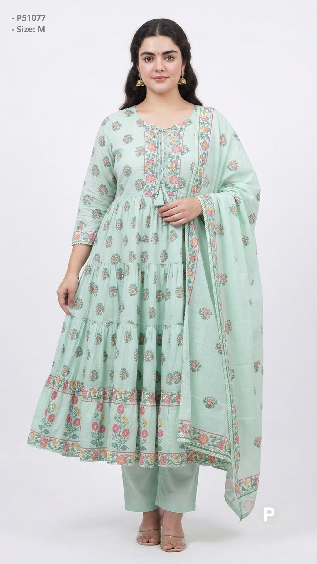 Light Green Cotton Printed Kurti Set | P51077