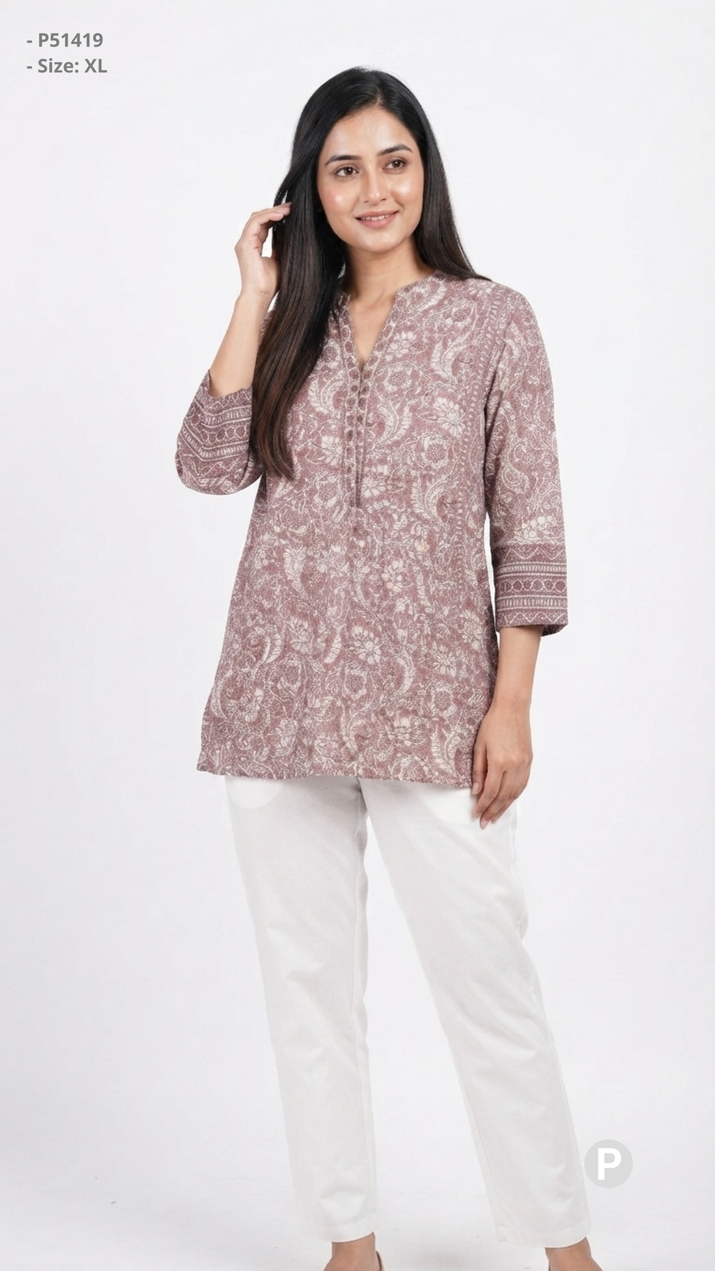 Brown Cotton Printed Short Kurti | P51419