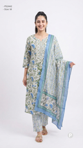 White Blue Cotton Printed Kurti Set | P52442