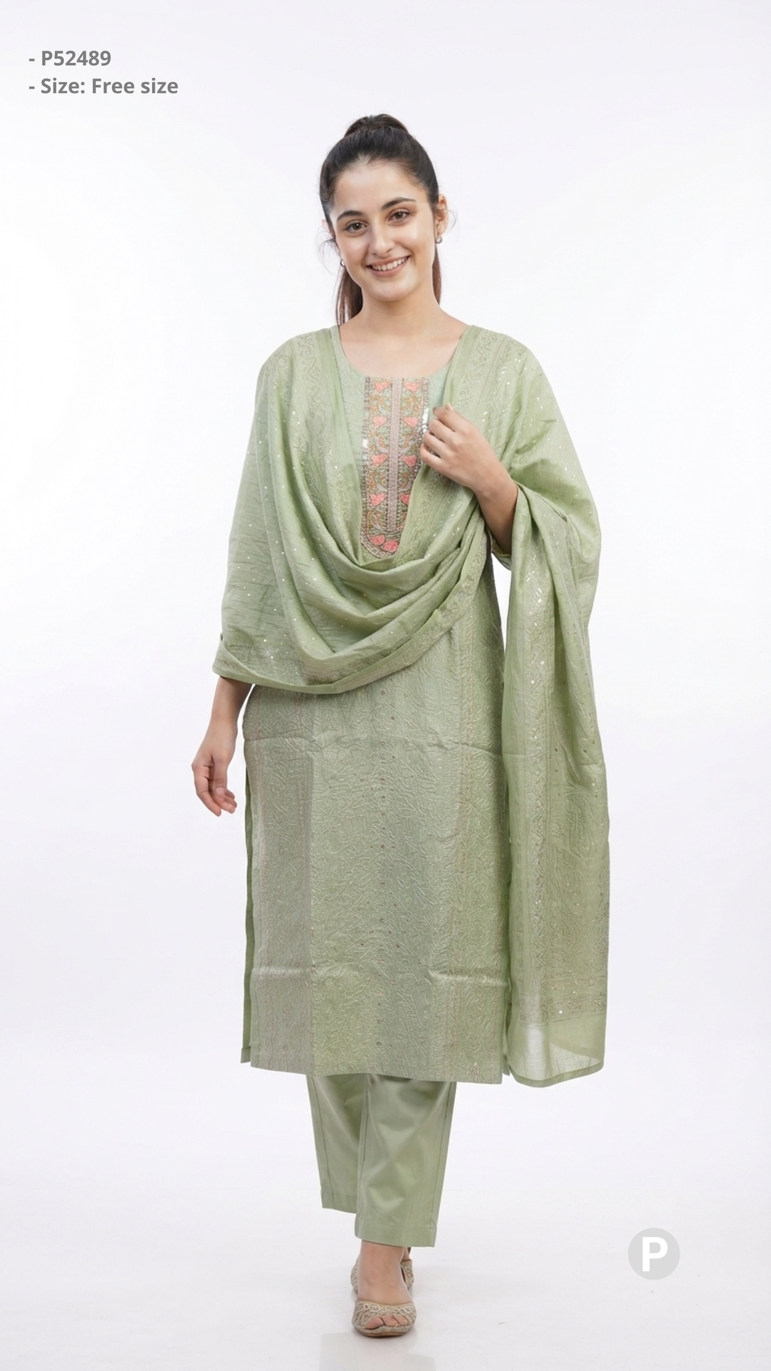 Light Green Cotton Printed Kurti Set | P52489