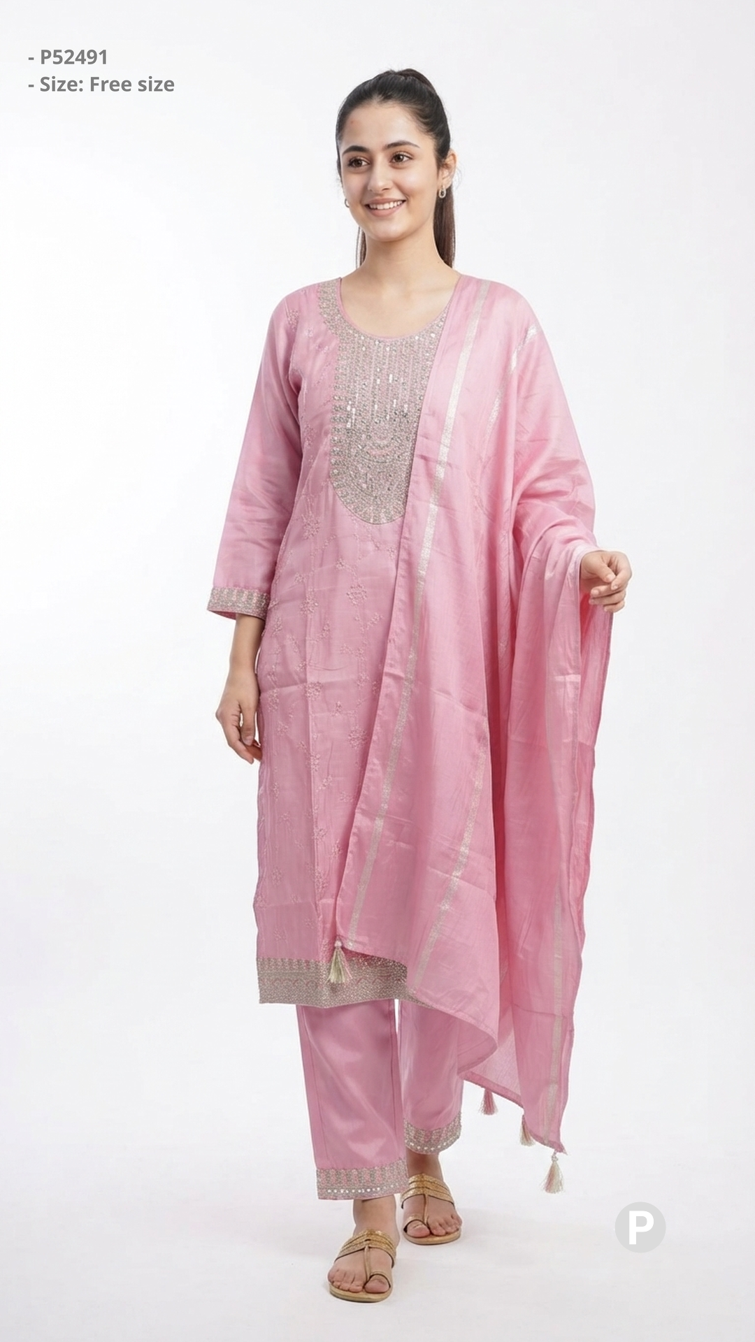 Pink Chanderi Embroidered Kurti Set | P52491