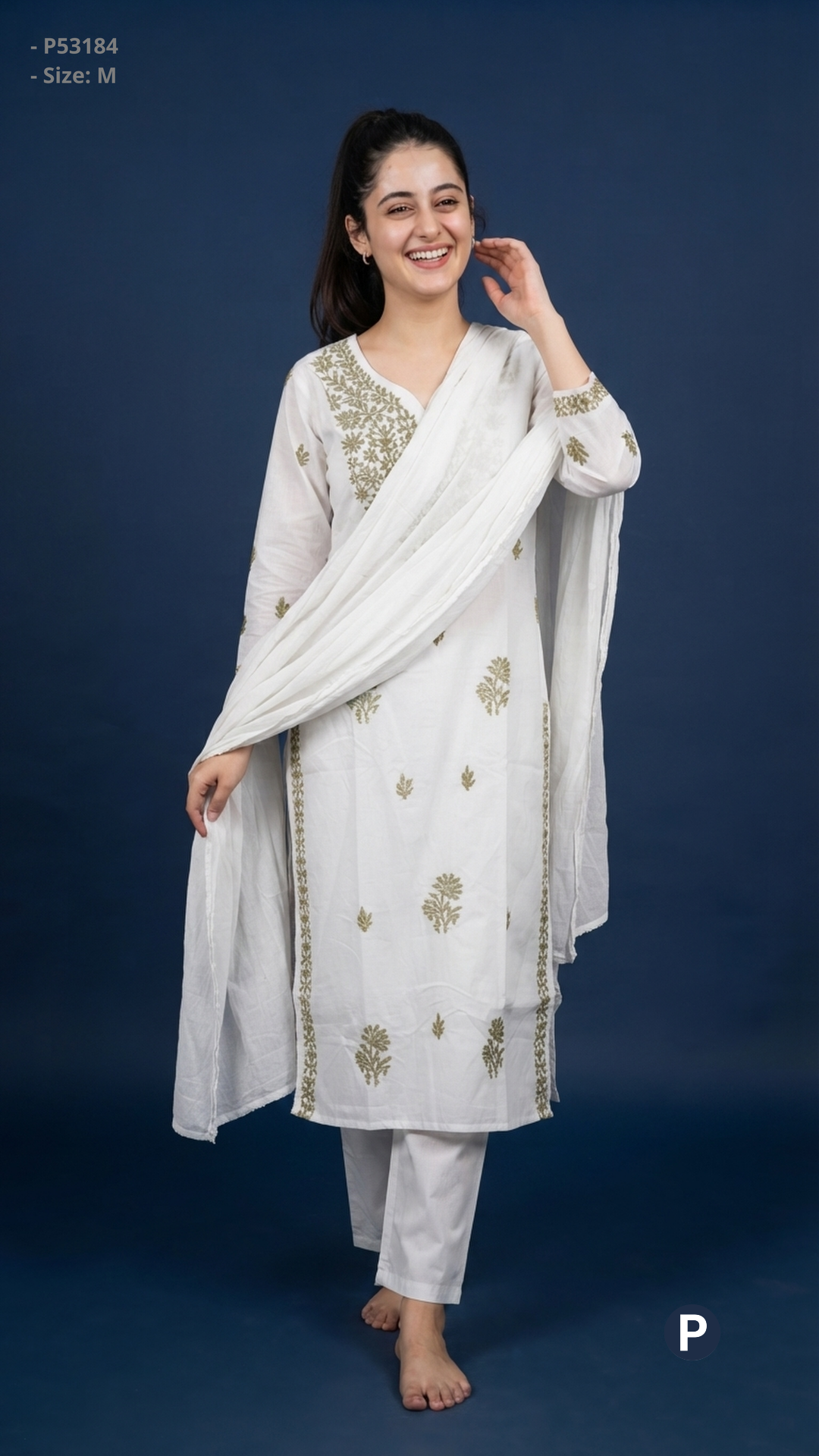 White Cotton Chikankari Kurti Set | P53184