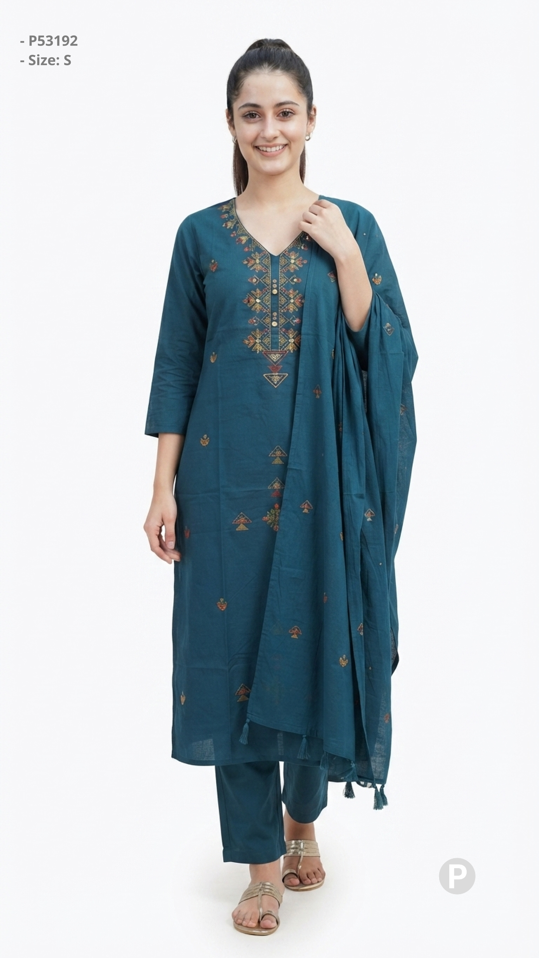 Blue Cotton Embroidered Kurti Set | P53192