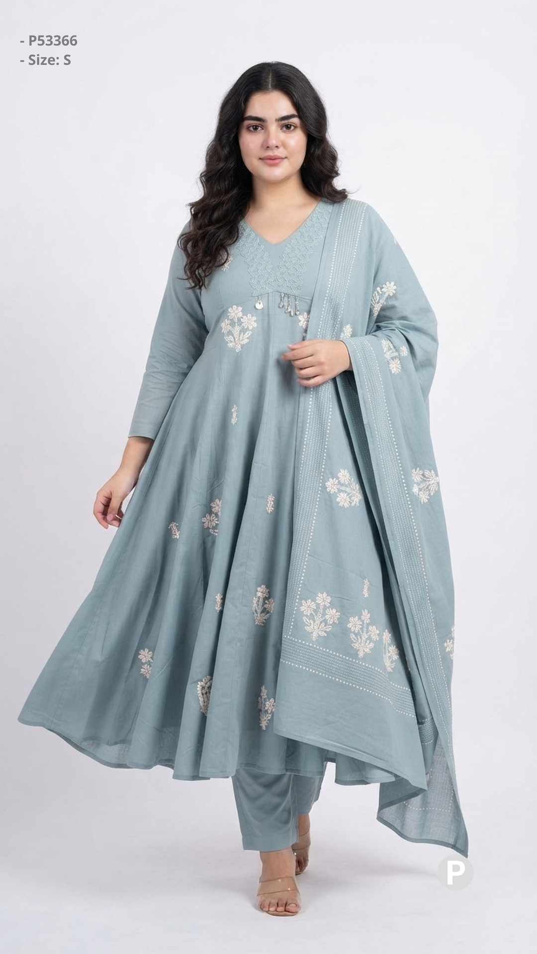 Light Blue Cotton Embroidered Kurti Set | P53366