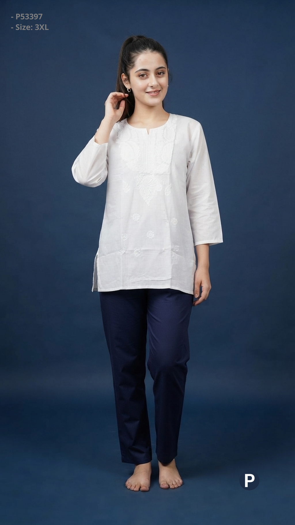 White Cotton Chikankari Short Kurti | P53397
