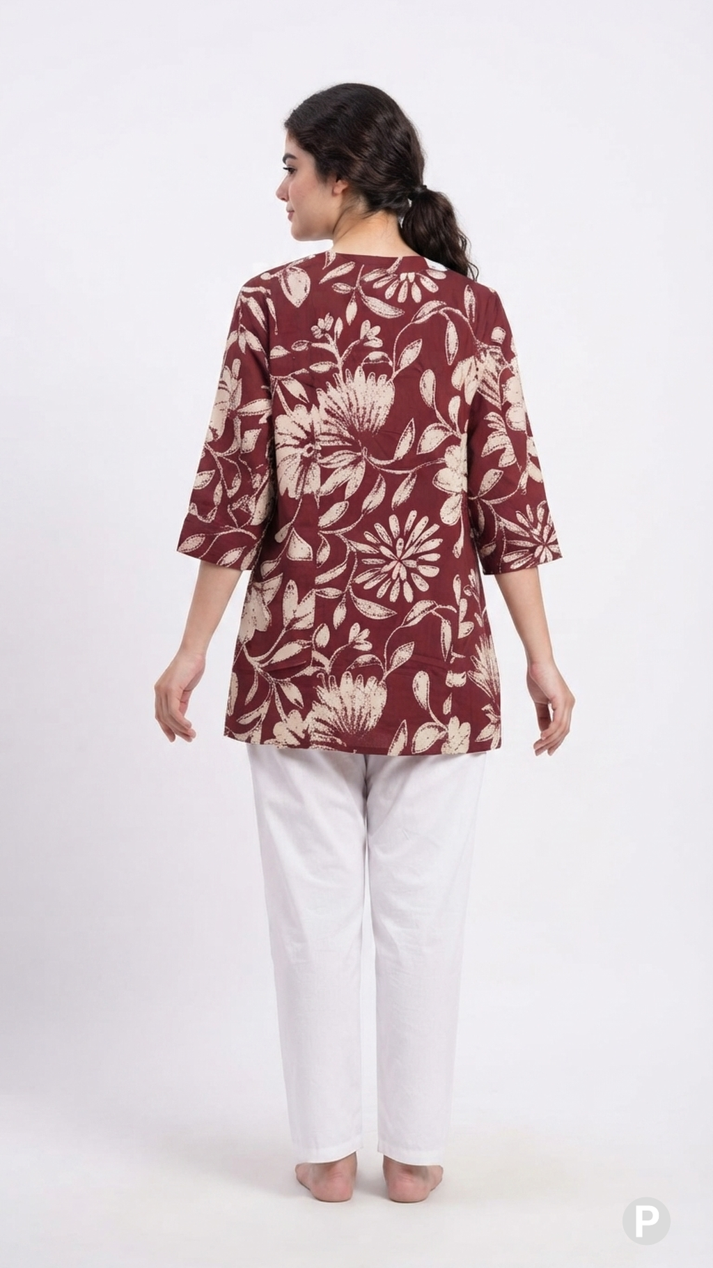 Maroon Cotton Printed Short Kurti | P53405