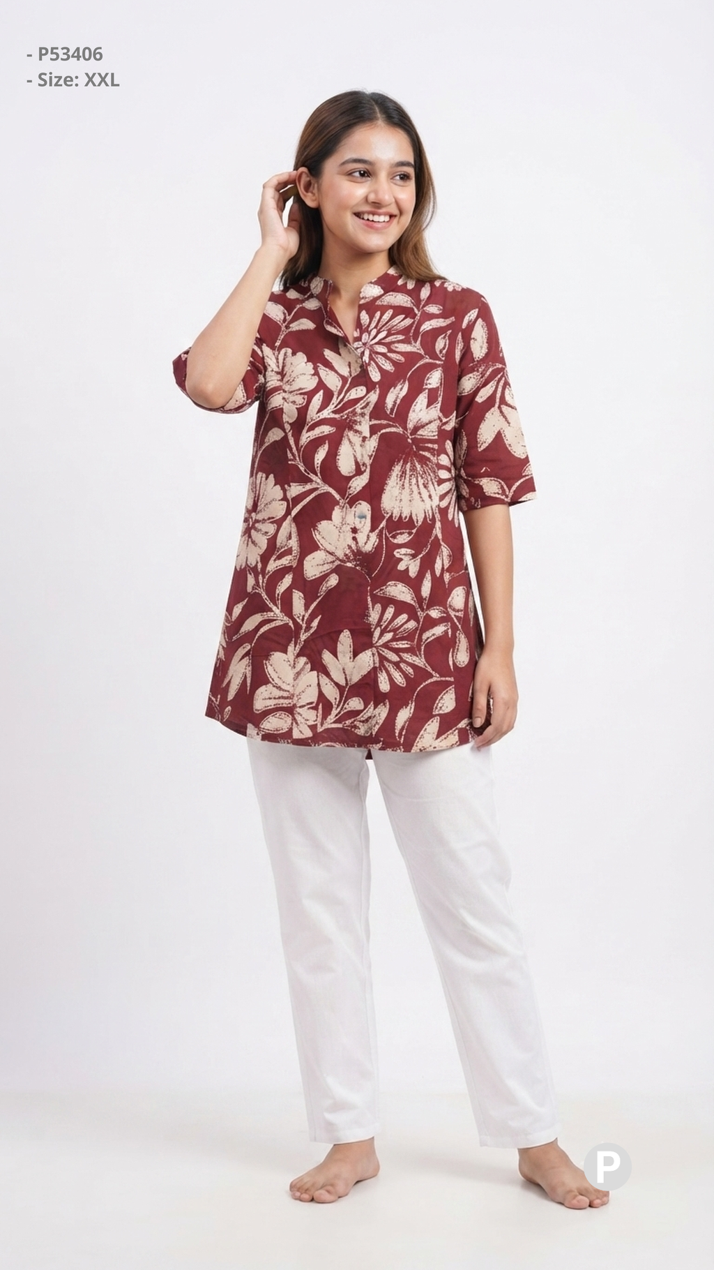 Maroon Cotton Printed Short Kurti | P53406