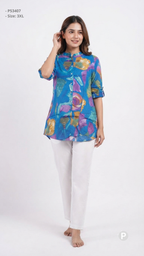 Blue Cotton Printed Short Kurti | P53407