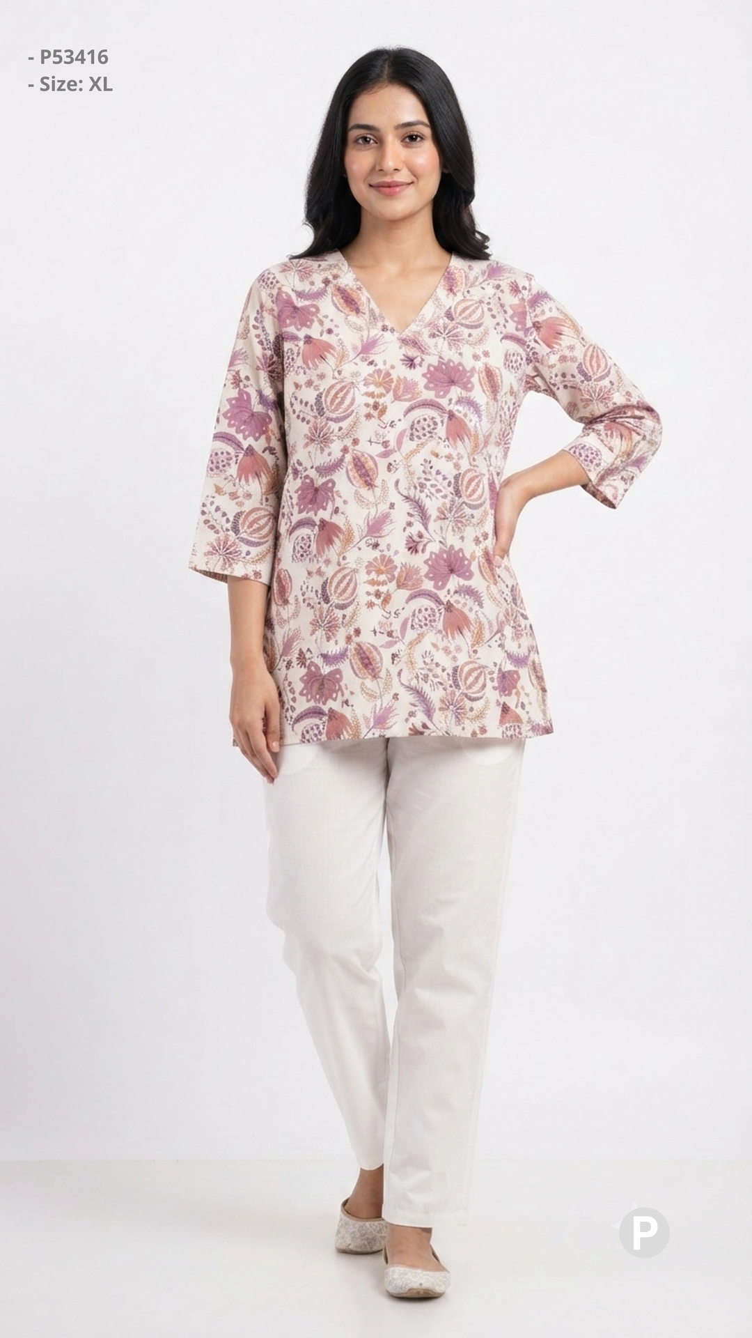 Cream Cotton Printed Short Kurti | P53416