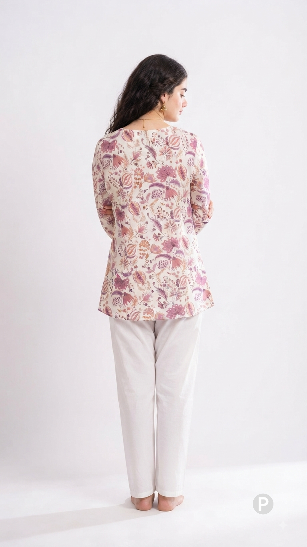 Cream Cotton Printed Short Kurti | P53416