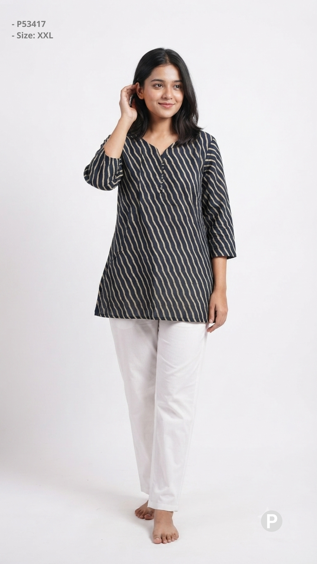 Black Cotton Striped Short Kurti | P53417
