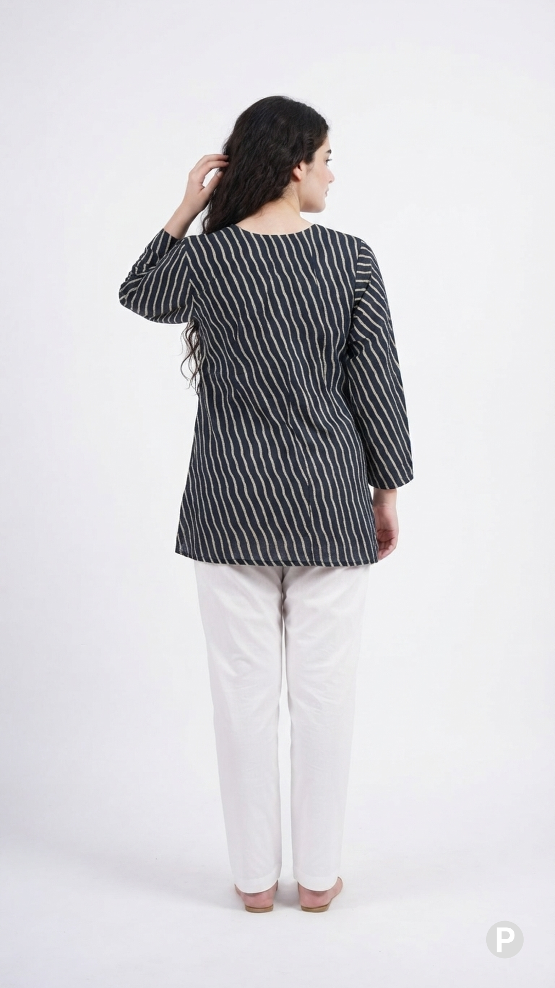 Black Cotton Striped Short Kurti | P53417