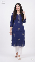 Navy Blue Cotton Straight Single Kurti | P53418
