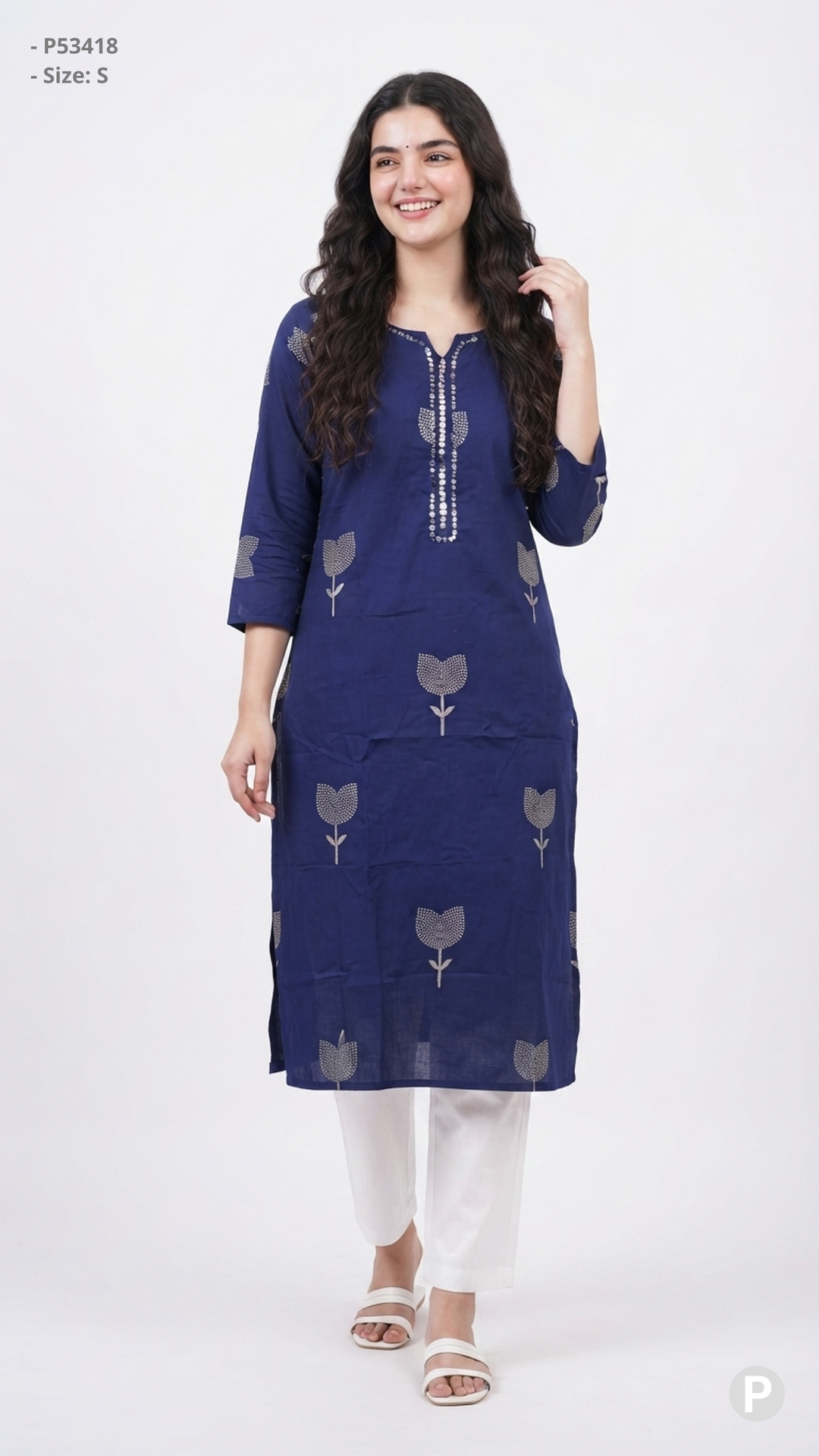 Navy Blue Cotton Straight Single Kurti | P53418
