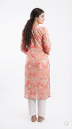 Pink Floral Cotton Straight Single Kurti | P53423
