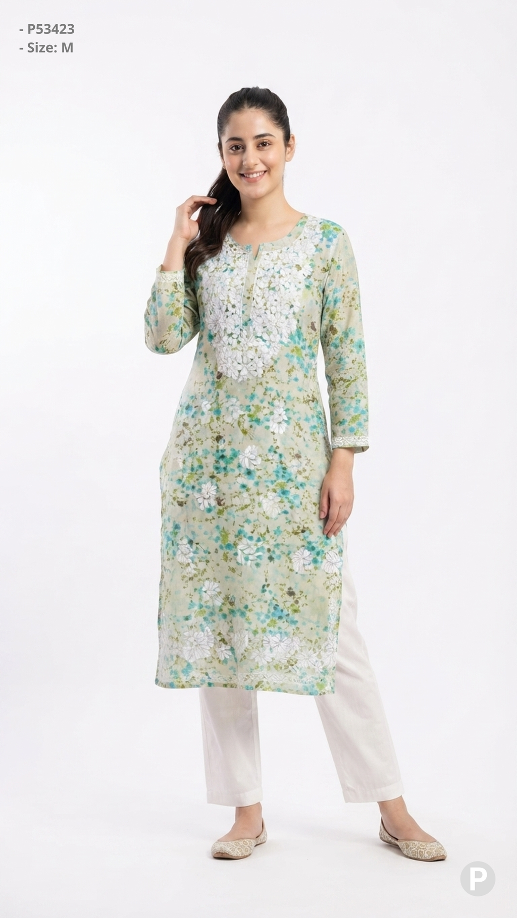 Green Cotton Straight Single Kurti | P53423