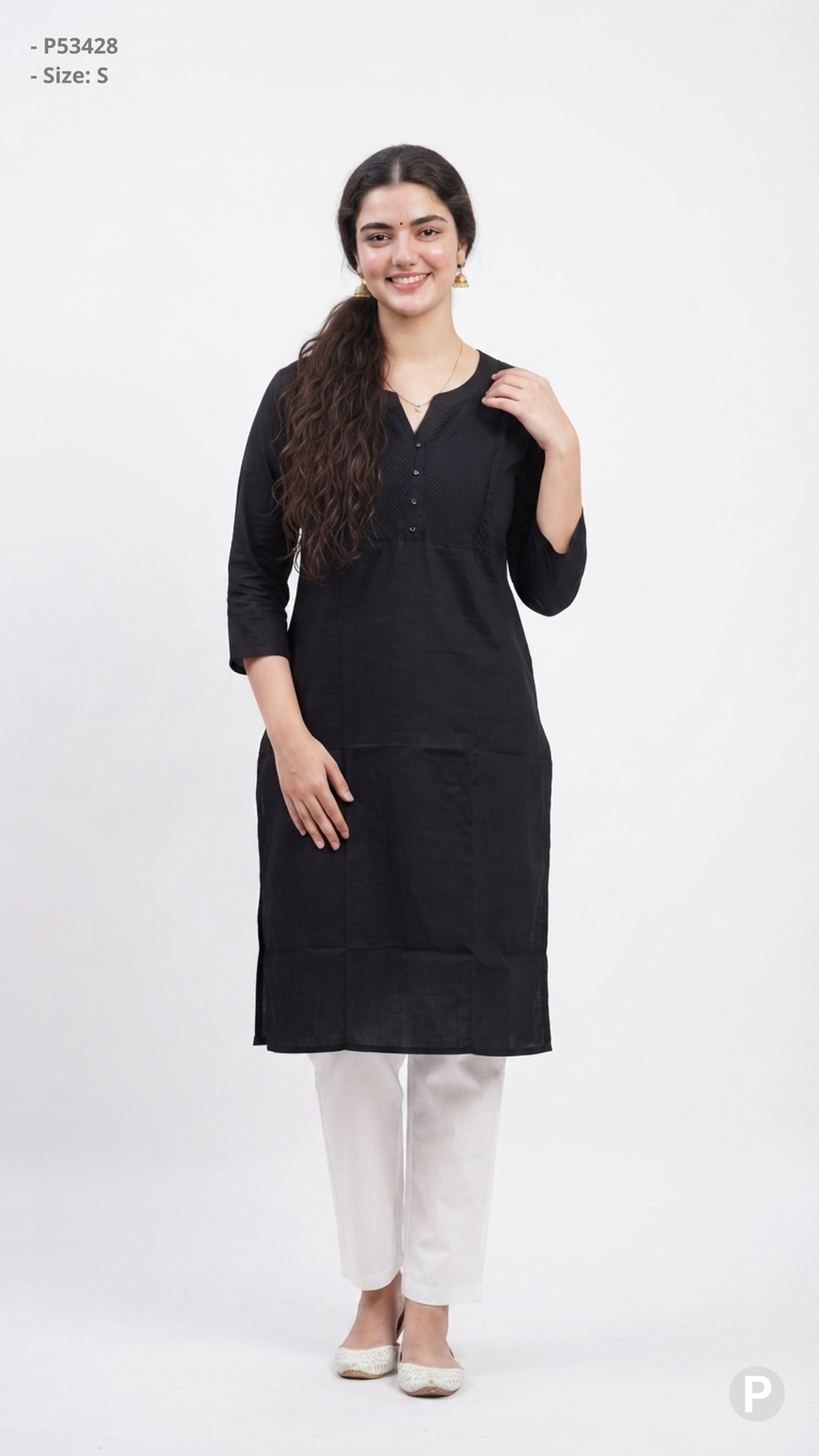 Black Cotton Straight Single Kurti | P53428
