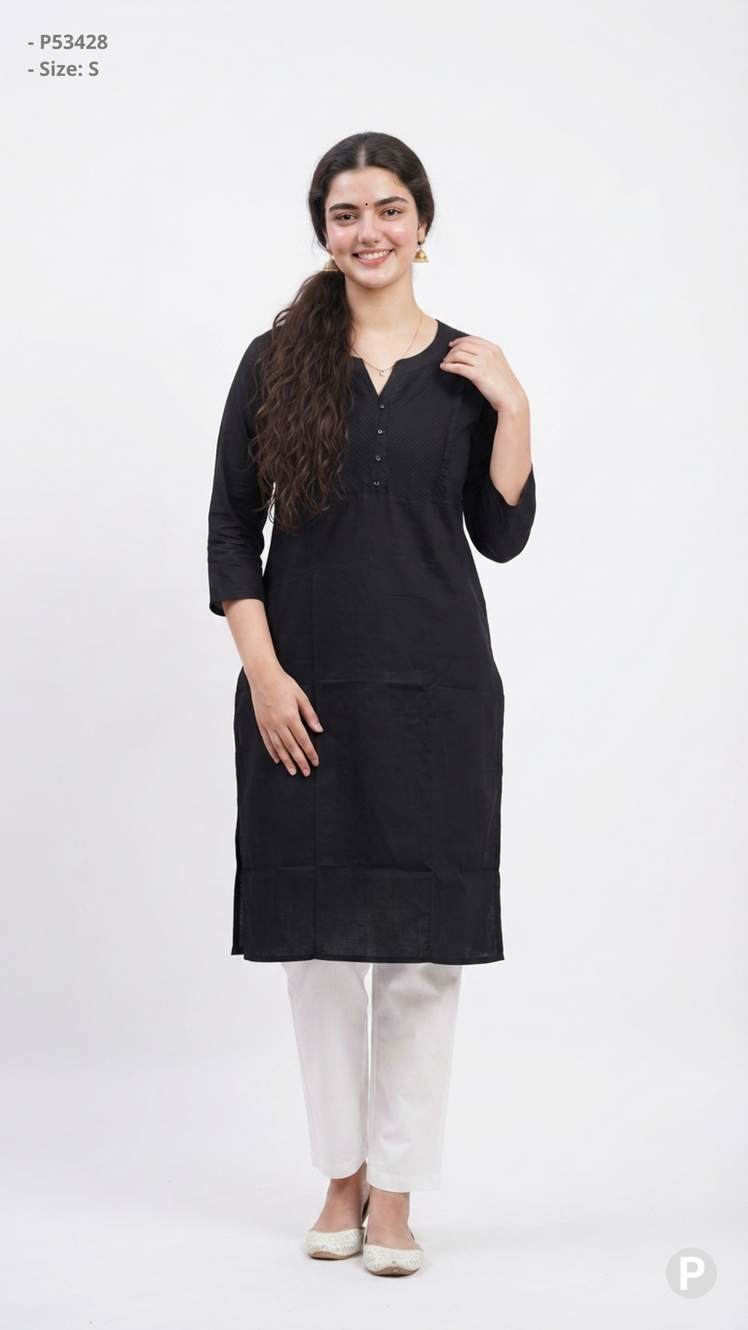 Black Cotton Straight Single Kurti | P53428
