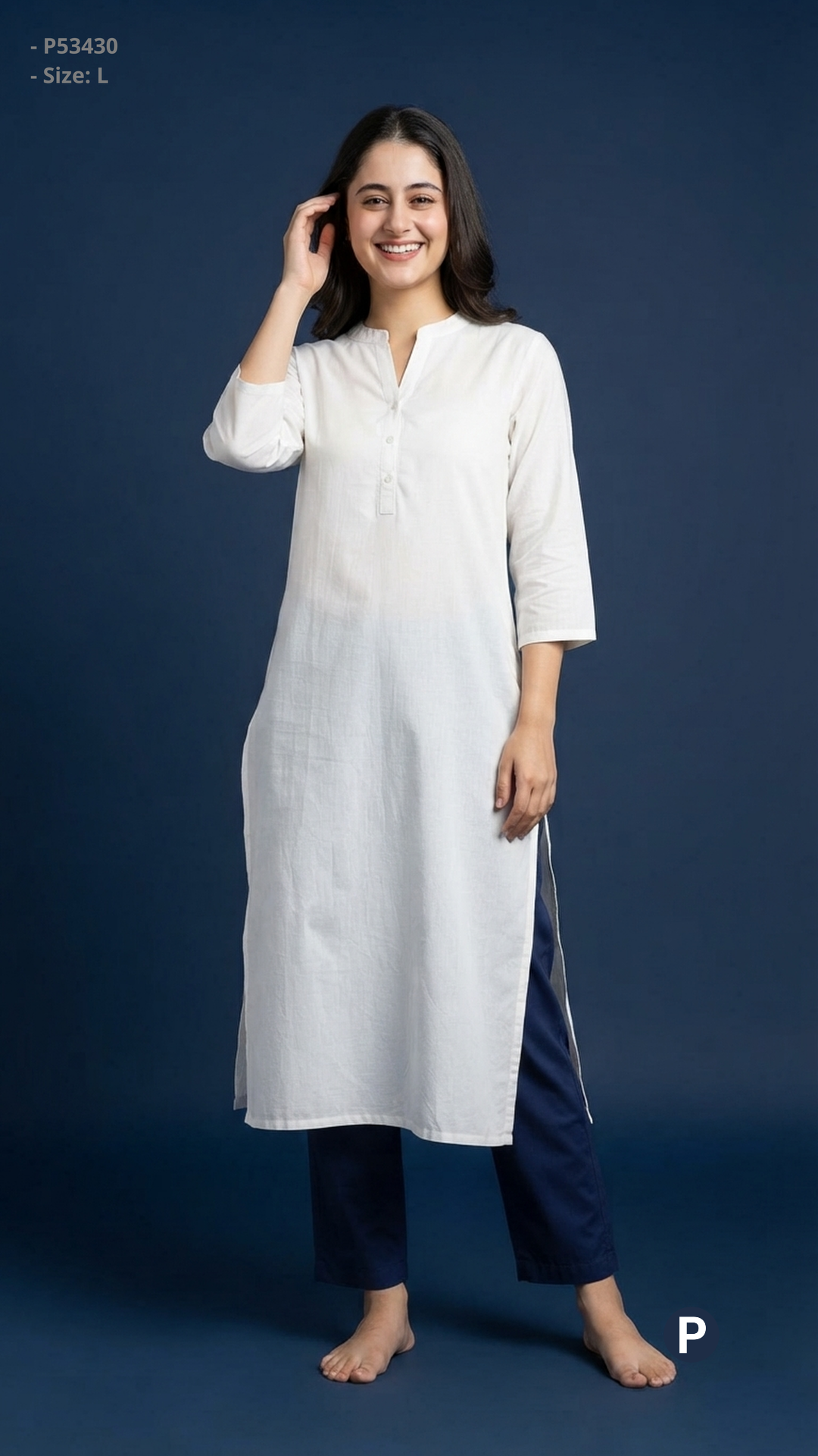 White Cotton Straight Single Kurti | P53430