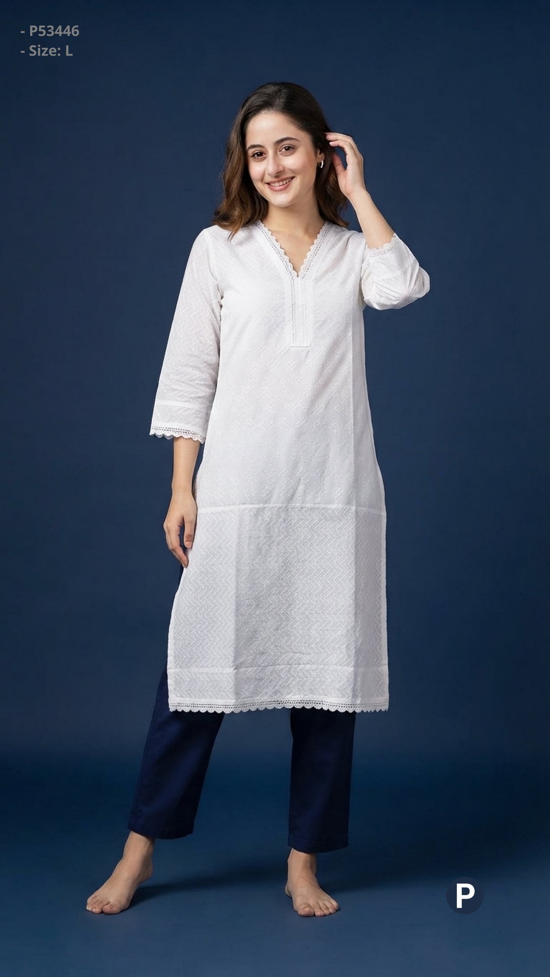White Cotton Straight Single Kurti | P53446