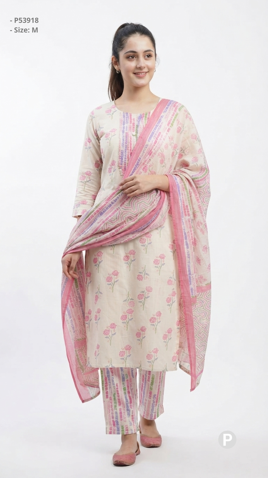 Off White Cotton Printed Kurti Set | P53918