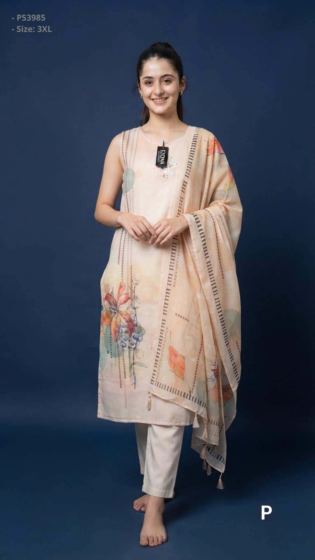 White Printed Cotton Kurti Set | P53985