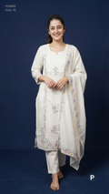 White Cotton Printed Embroidered Kurti Set | P54005
